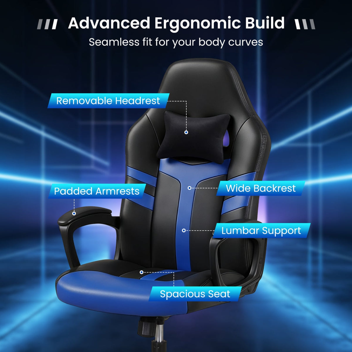 Faux Leather Upholstered Office Chair with Removable Head Pillow and Rocking Function-Blue-Gaming Chairs-DECOROLALA