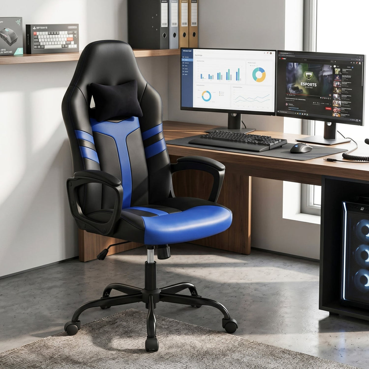 Faux Leather Upholstered Office Chair with Removable Head Pillow and Rocking Function-Blue-Gaming Chairs-DECOROLALA