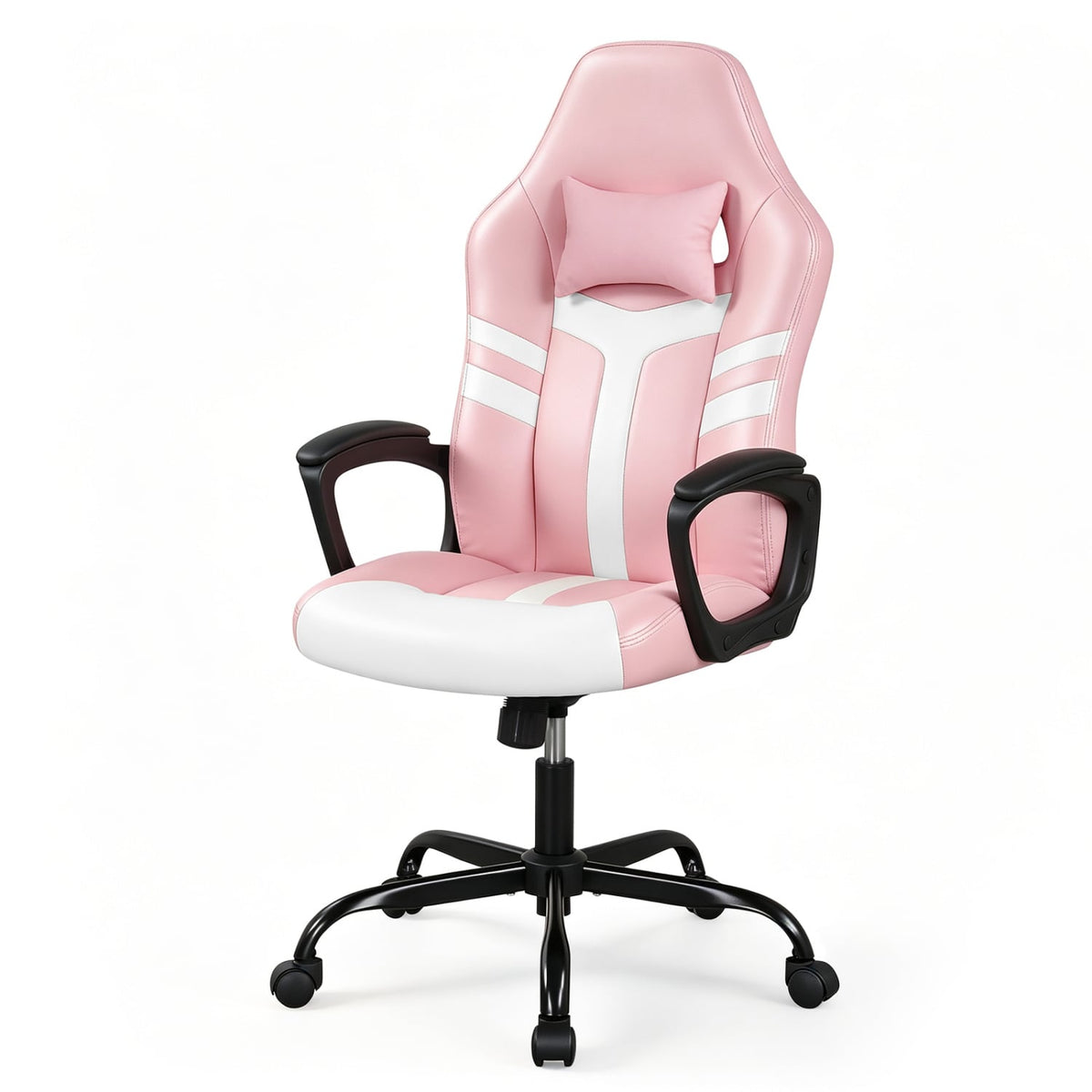 Faux Leather Upholstered Office Chair with Removable Head Pillow and Rocking Function-Pink-Gaming Chairs-DECOROLALA
