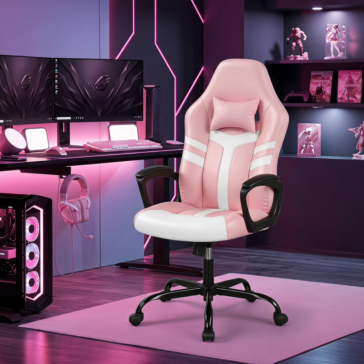 Faux Leather Upholstered Office Chair with Removable Head Pillow and Rocking Function-Pink-Gaming Chairs-DECOROLALA