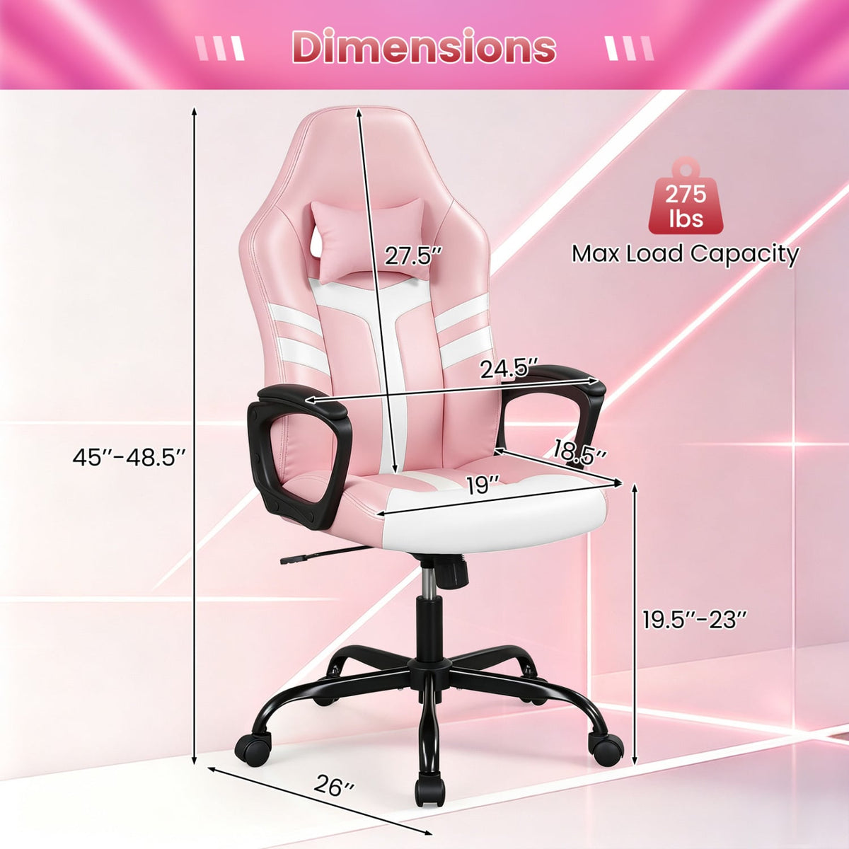 Faux Leather Upholstered Office Chair with Removable Head Pillow and Rocking Function-Pink-Gaming Chairs-DECOROLALA