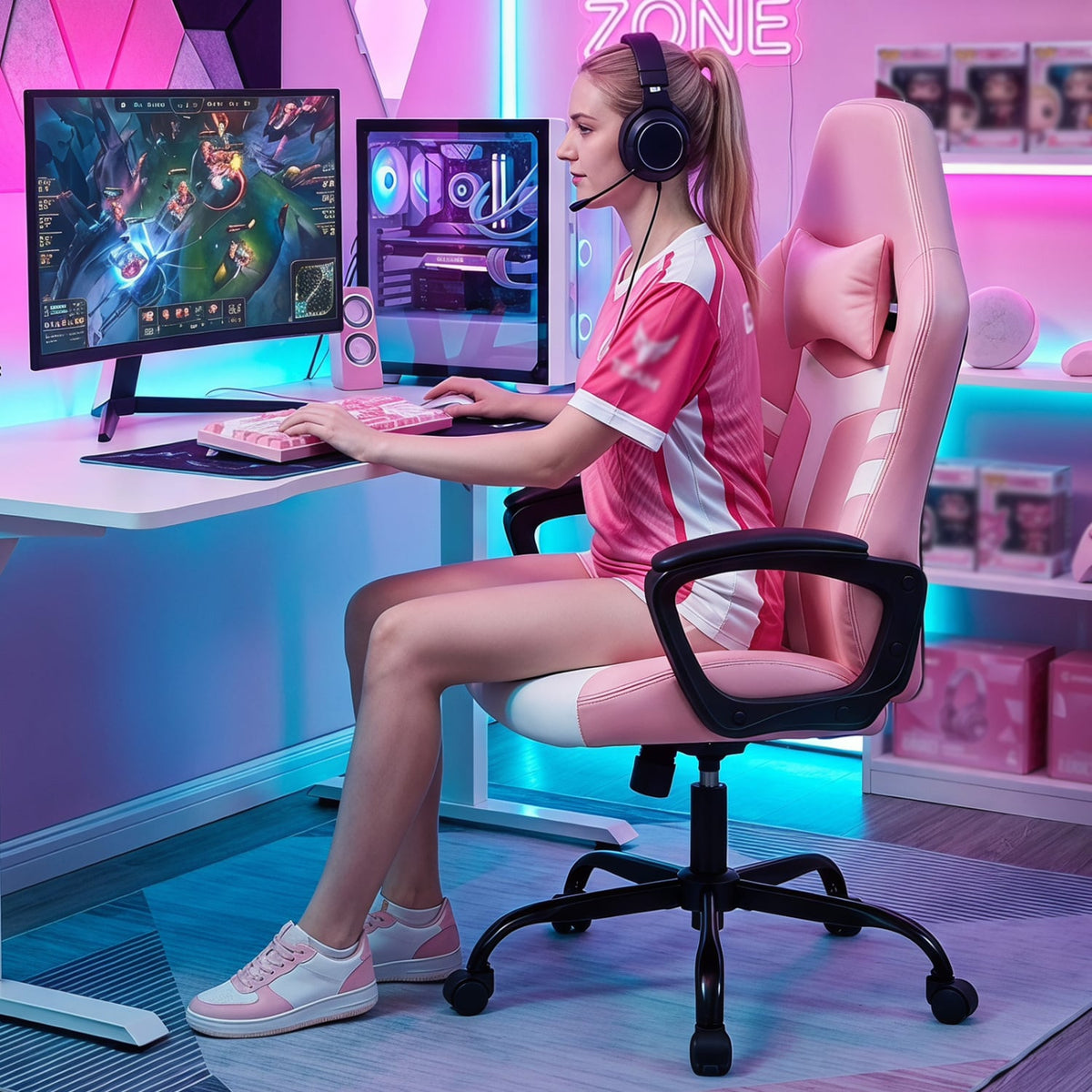Faux Leather Upholstered Office Chair with Removable Head Pillow and Rocking Function-Pink-Gaming Chairs-DECOROLALA