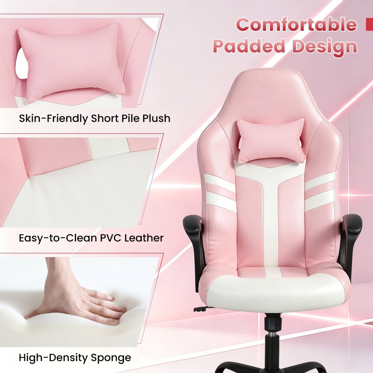 Faux Leather Upholstered Office Chair with Removable Head Pillow and Rocking Function-Pink-Gaming Chairs-DECOROLALA
