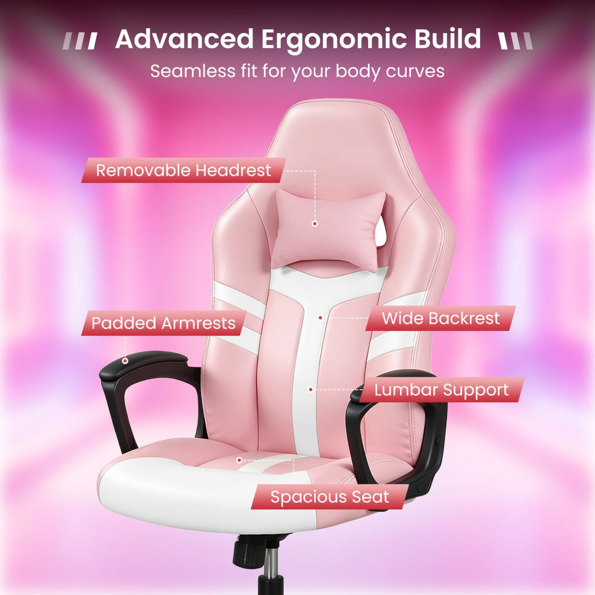 Faux Leather Upholstered Office Chair with Removable Head Pillow and Rocking Function-Pink-Gaming Chairs-DECOROLALA