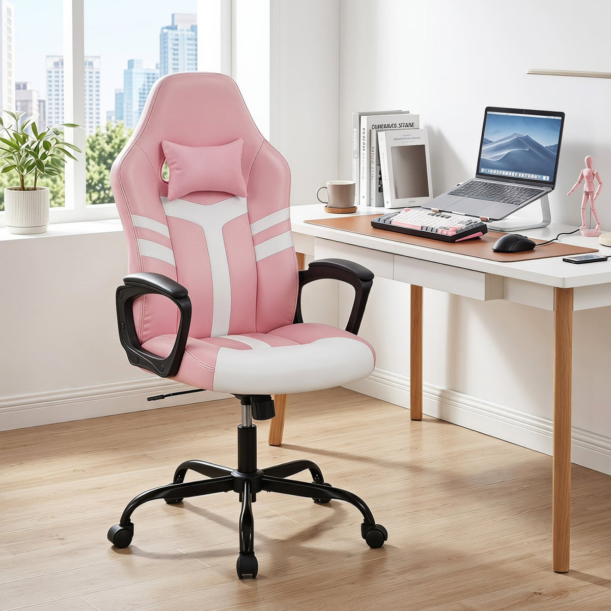 Faux Leather Upholstered Office Chair with Removable Head Pillow and Rocking Function-Pink-Gaming Chairs-DECOROLALA