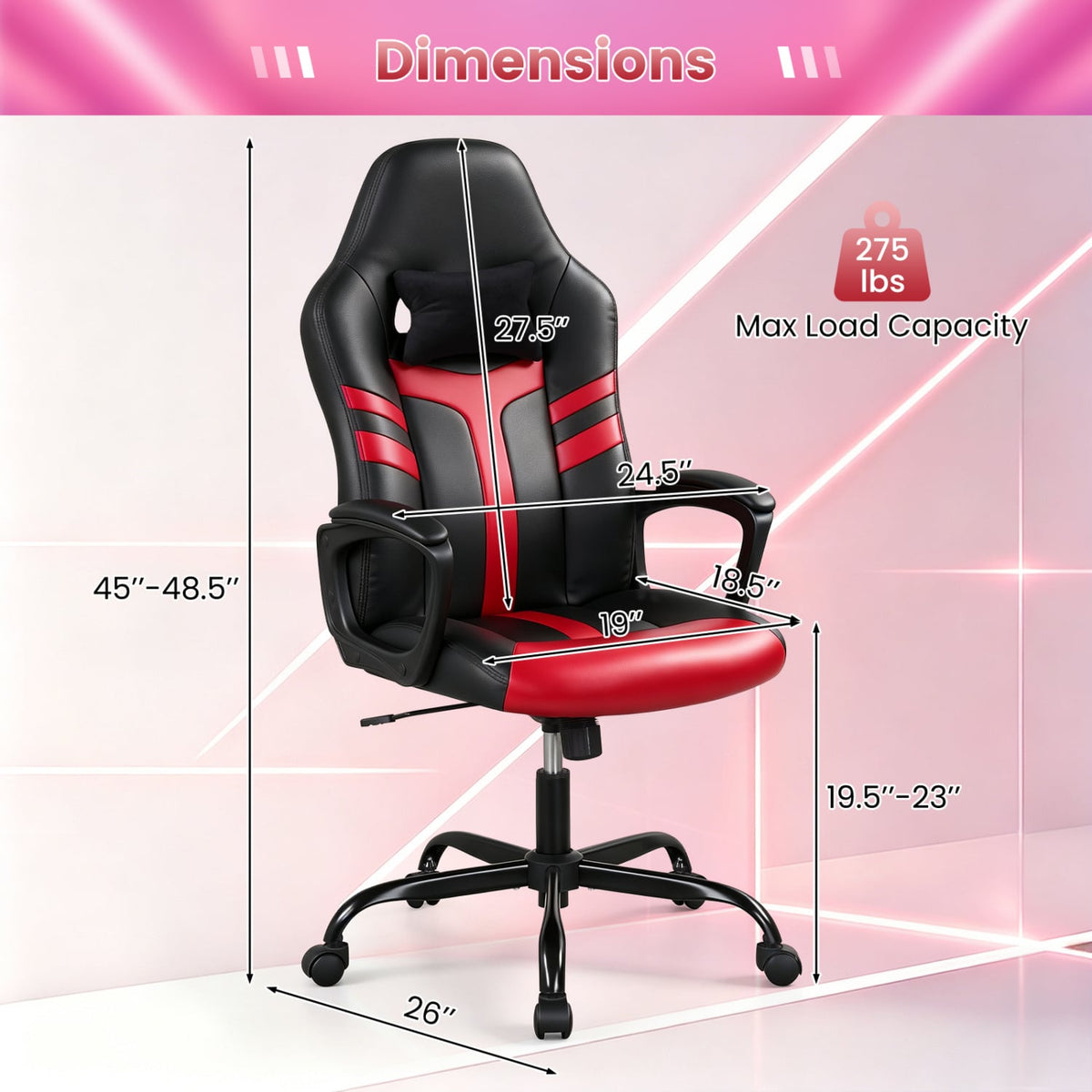Faux Leather Upholstered Office Chair with Removable Head Pillow and Rocking Function-Red-Gaming Chairs-DECOROLALA