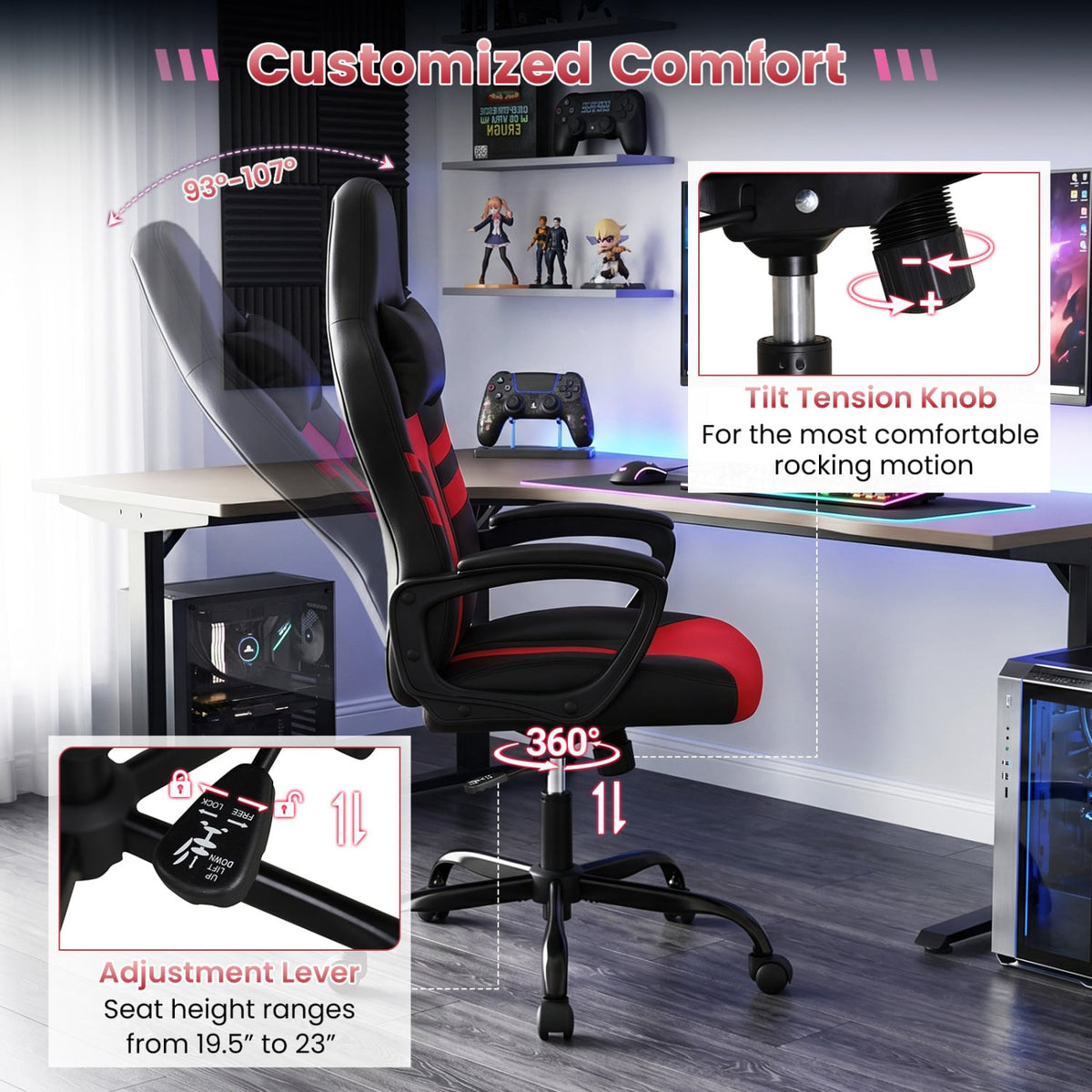 Faux Leather Upholstered Office Chair with Removable Head Pillow and Rocking Function-Red-Gaming Chairs-DECOROLALA