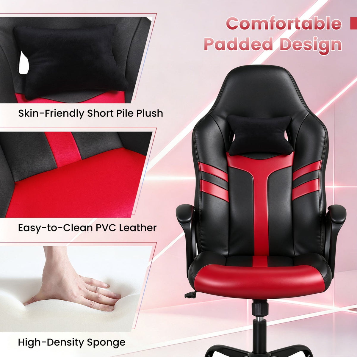 Faux Leather Upholstered Office Chair with Removable Head Pillow and Rocking Function-Red-Gaming Chairs-DECOROLALA