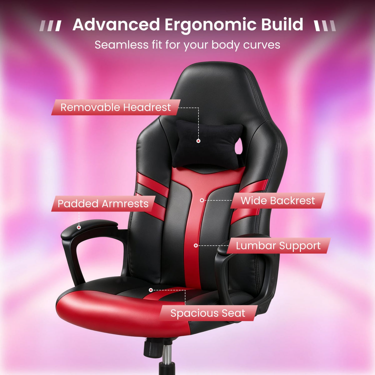 Faux Leather Upholstered Office Chair with Removable Head Pillow and Rocking Function-Red-Gaming Chairs-DECOROLALA