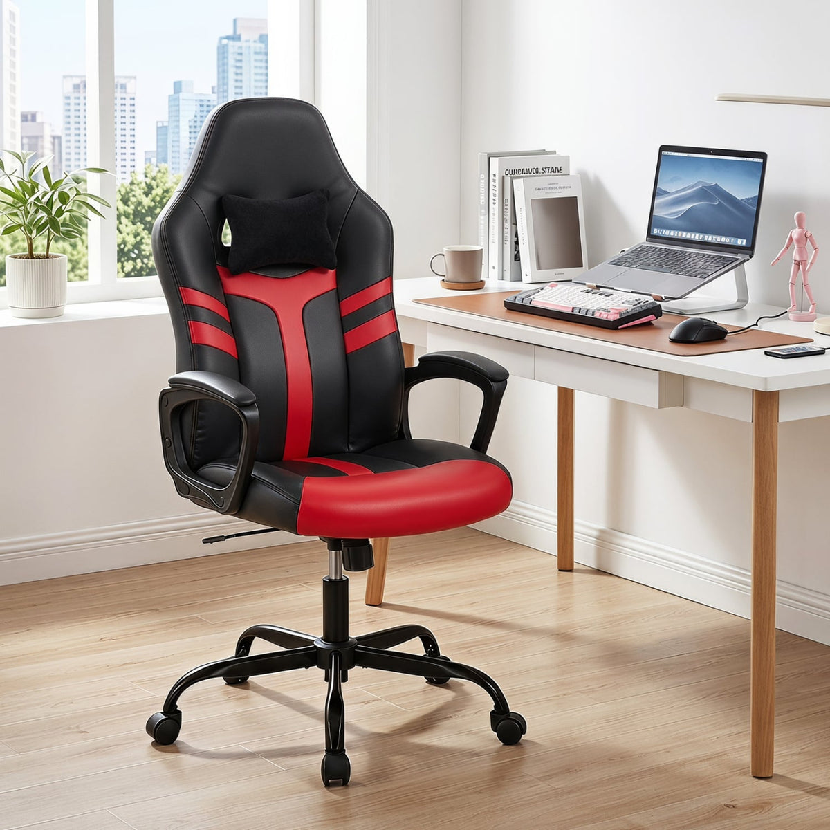 Faux Leather Upholstered Office Chair with Removable Head Pillow and Rocking Function-Red-Gaming Chairs-DECOROLALA