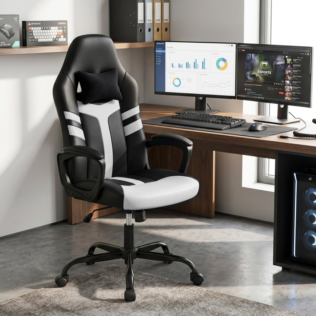 Faux Leather Upholstered Office Chair with Removable Head Pillow and Rocking Function-White-Gaming Chairs-DECOROLALA