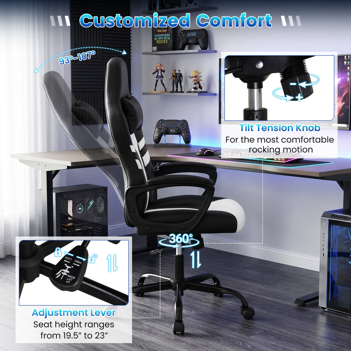 Faux Leather Upholstered Office Chair with Removable Head Pillow and Rocking Function-White-Gaming Chairs-DECOROLALA