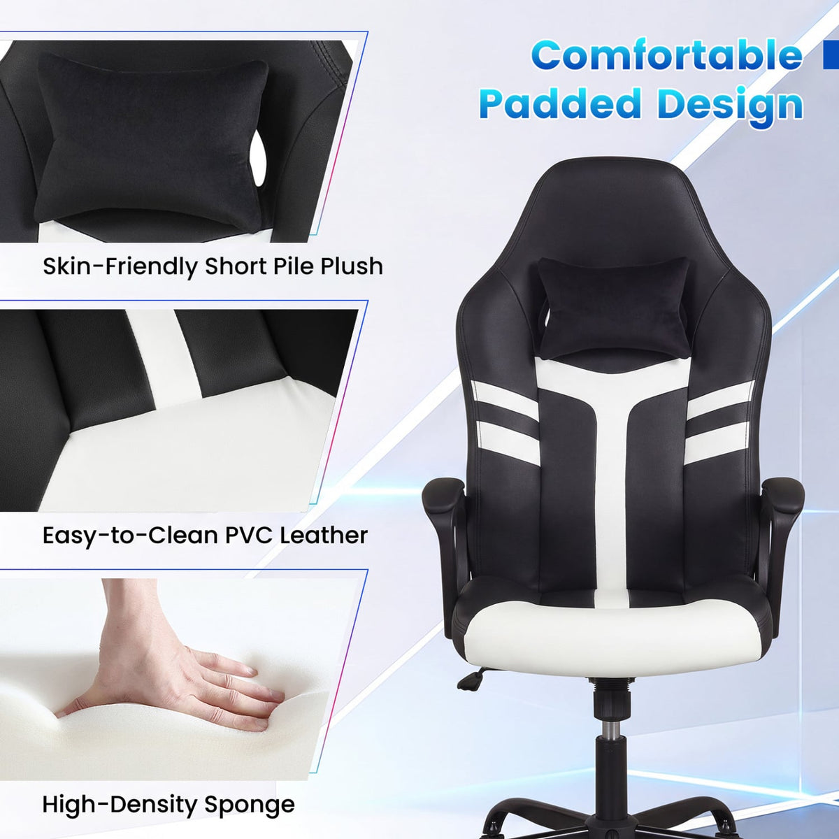 Faux Leather Upholstered Office Chair with Removable Head Pillow and Rocking Function-White-Gaming Chairs-DECOROLALA