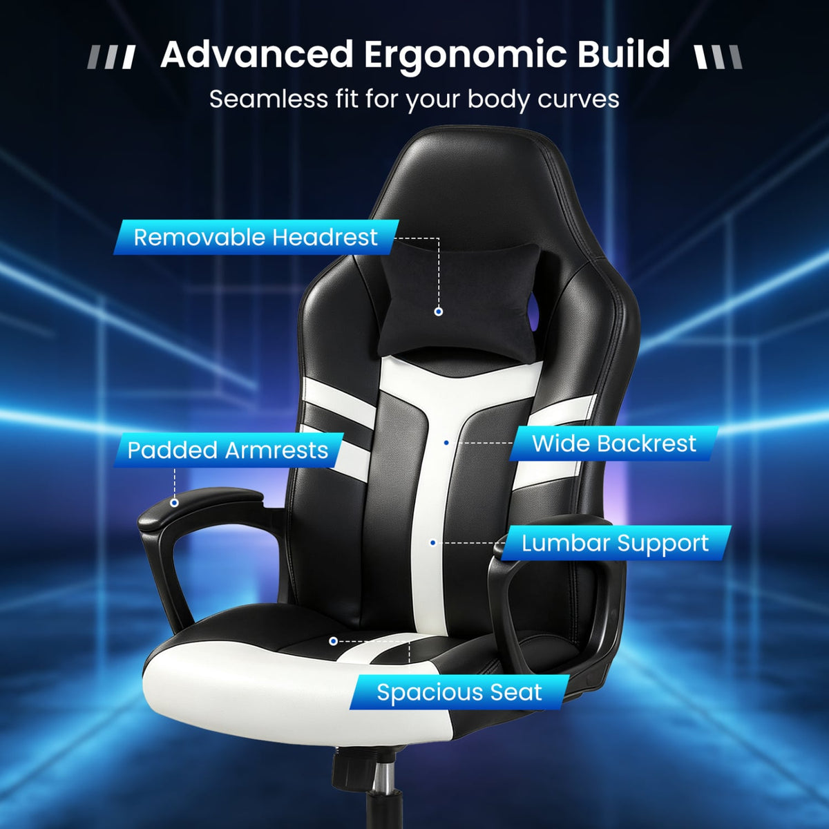 Faux Leather Upholstered Office Chair with Removable Head Pillow and Rocking Function-White-Gaming Chairs-DECOROLALA