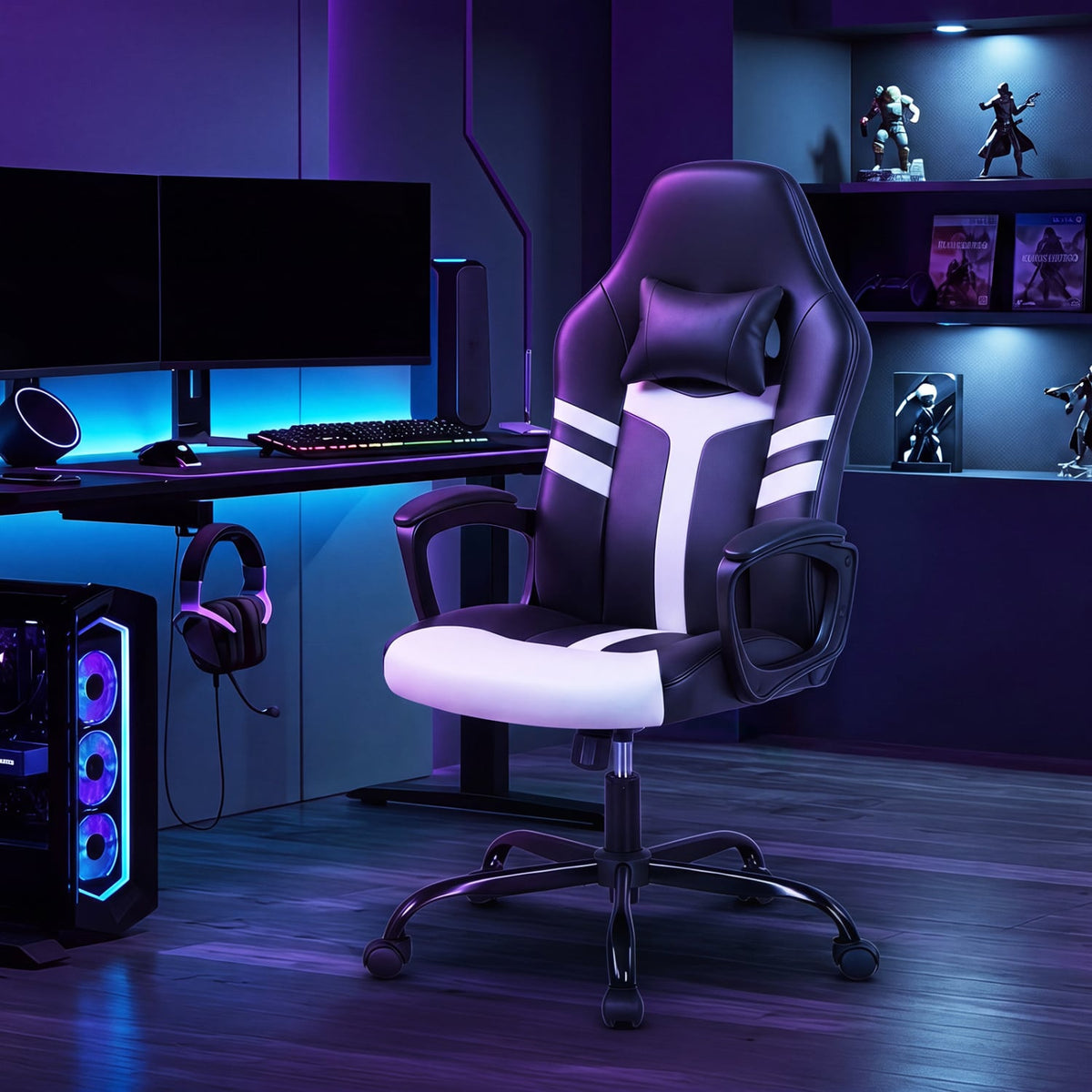 Faux Leather Upholstered Office Chair with Removable Head Pillow and Rocking Function-White-Gaming Chairs-DECOROLALA