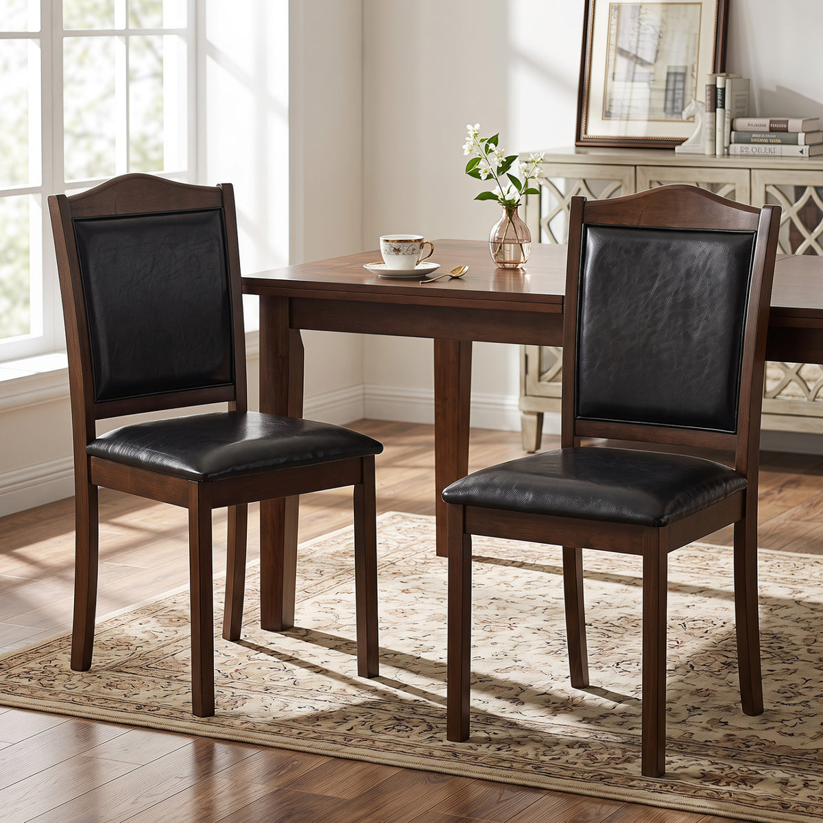 Faux Leather Upholstered Wooden Farmhouse Dining Chairs Set of 2-Walnut-Dining Chairs-DECOROLALA