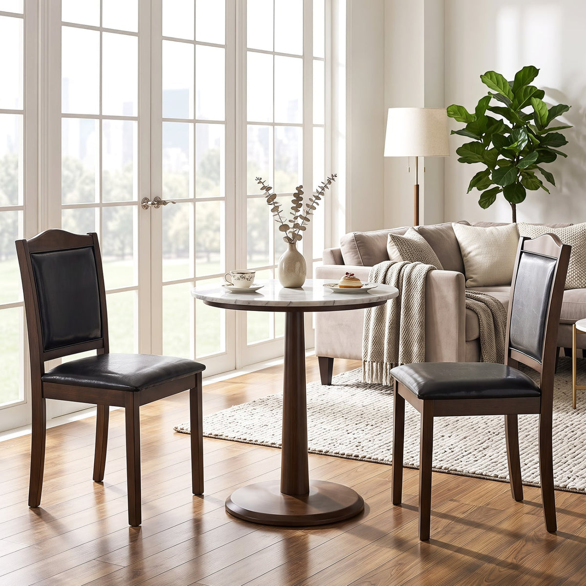 Faux Leather Upholstered Wooden Farmhouse Dining Chairs Set of 2-Walnut-Dining Chairs-DECOROLALA