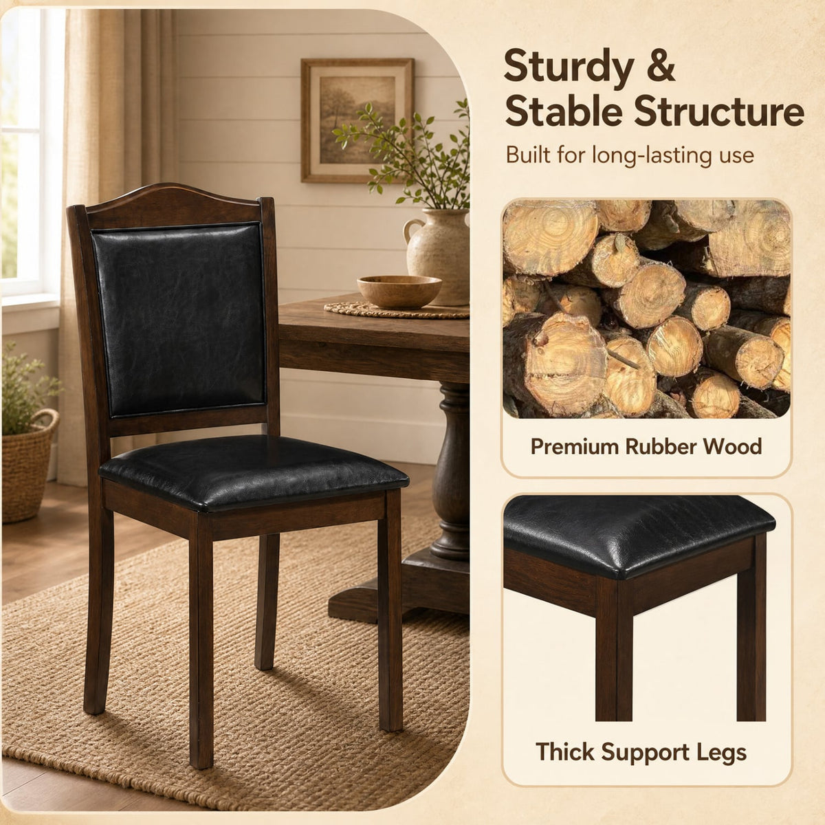 Faux Leather Upholstered Wooden Farmhouse Dining Chairs Set of 2-Walnut-Dining Chairs-DECOROLALA