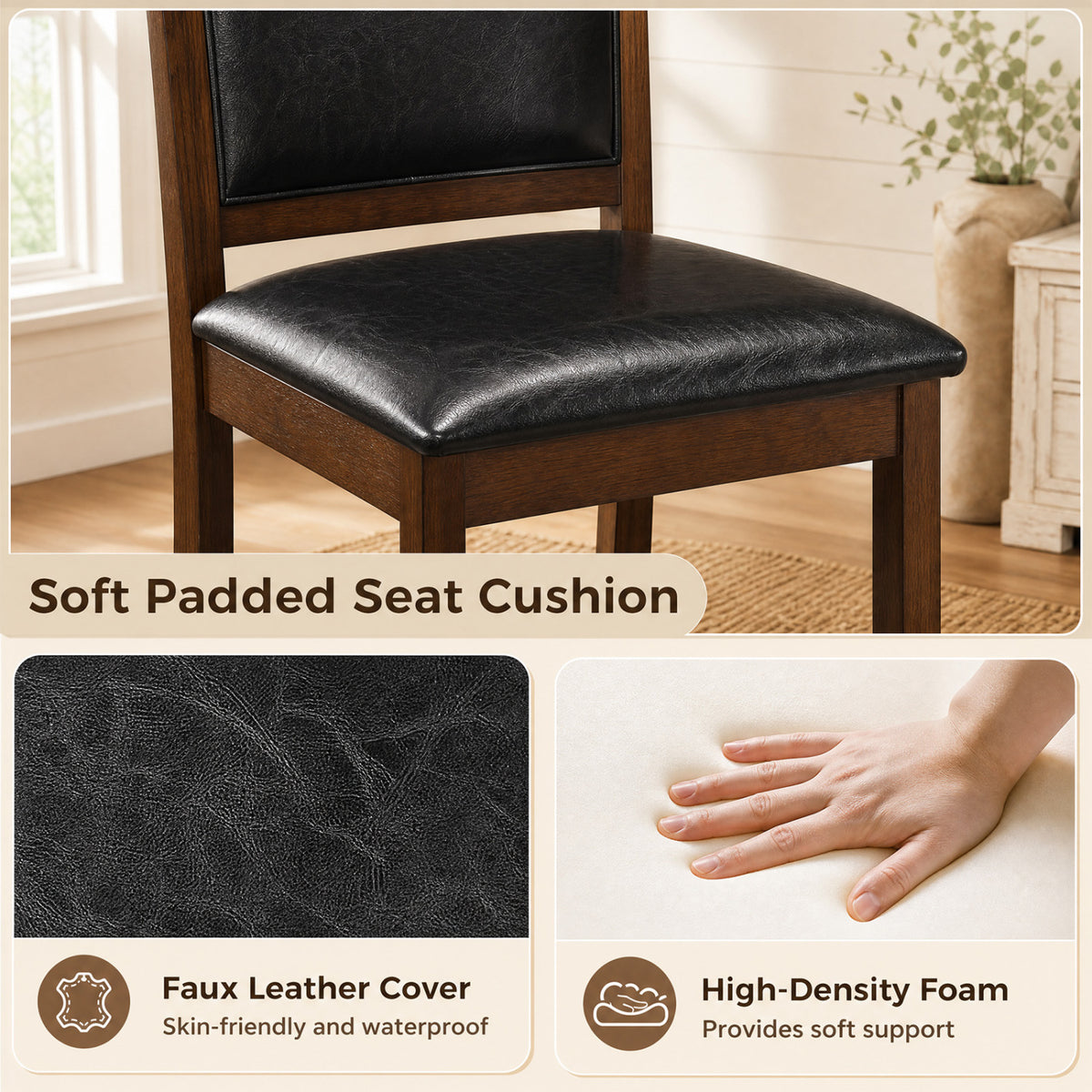 Faux Leather Upholstered Wooden Farmhouse Dining Chairs Set of 2-Walnut-Dining Chairs-DECOROLALA
