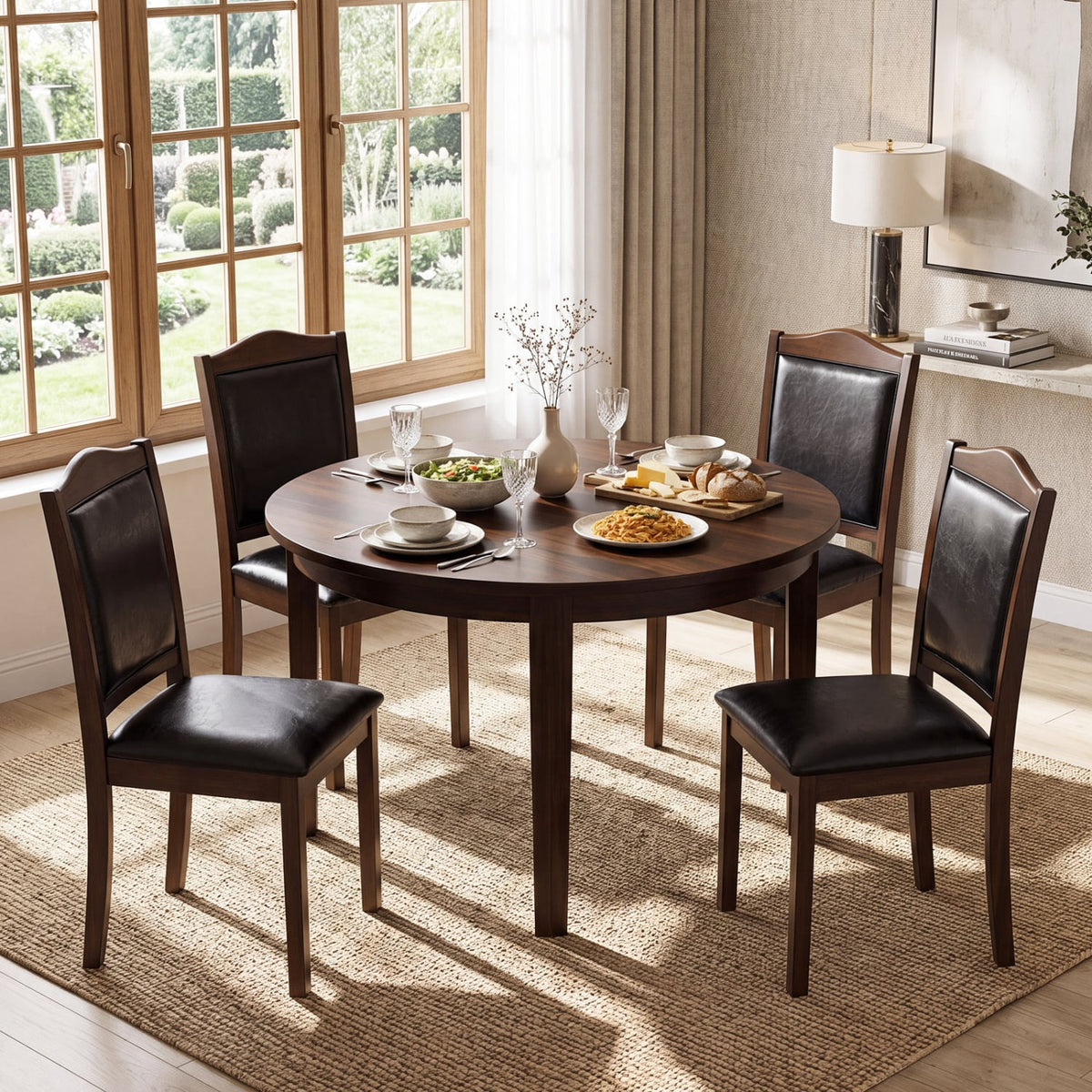 Faux Leather Upholstered Wooden Farmhouse Dining Chairs Set of 4-Walnut-Dining Chairs-DECOROLALA