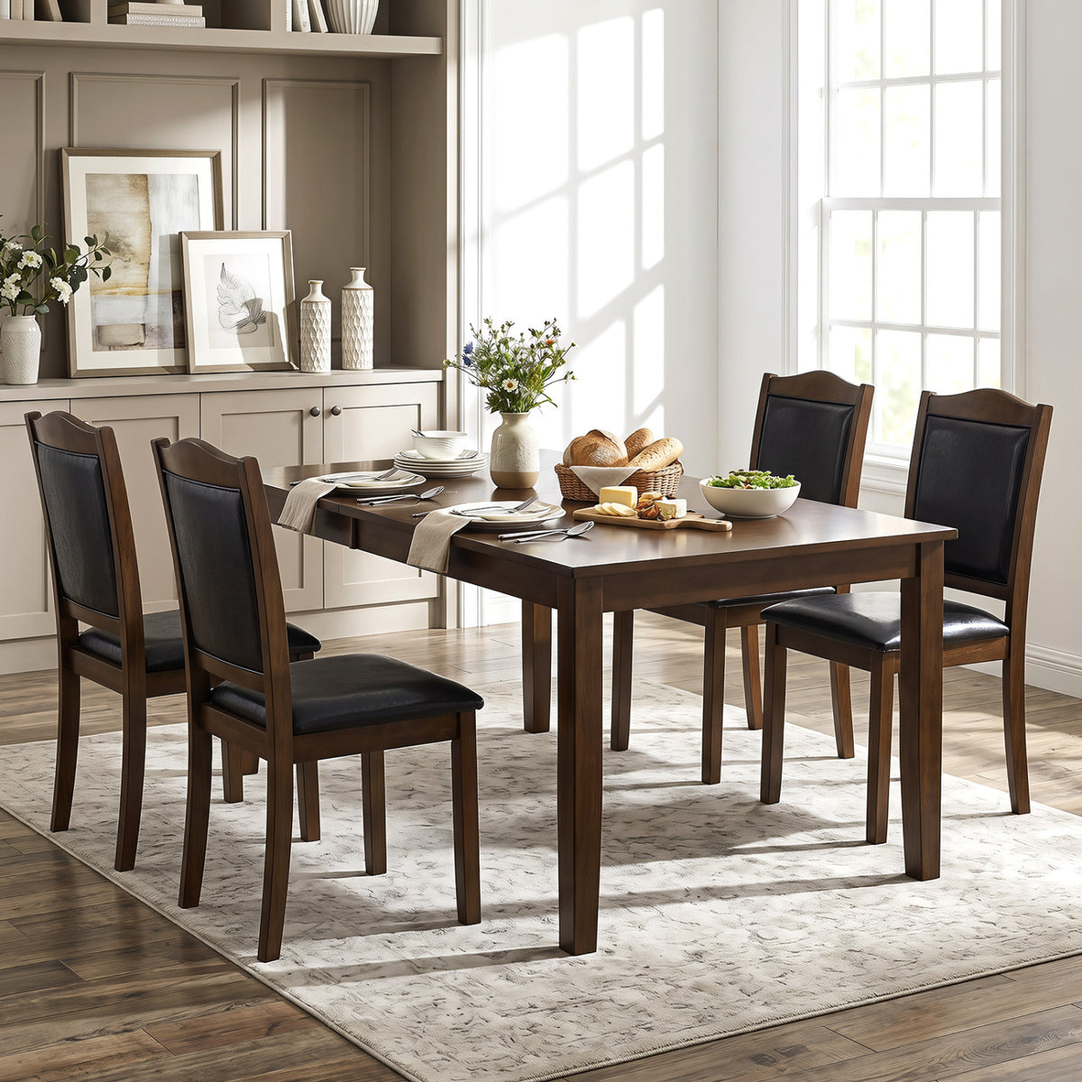 Faux Leather Upholstered Wooden Farmhouse Dining Chairs Set of 4-Walnut-Dining Chairs-DECOROLALA