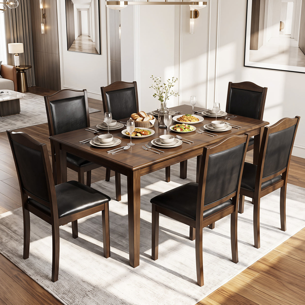 Faux Leather Upholstered Wooden Farmhouse Dining Chairs Set of 4-Walnut-Dining Chairs-DECOROLALA