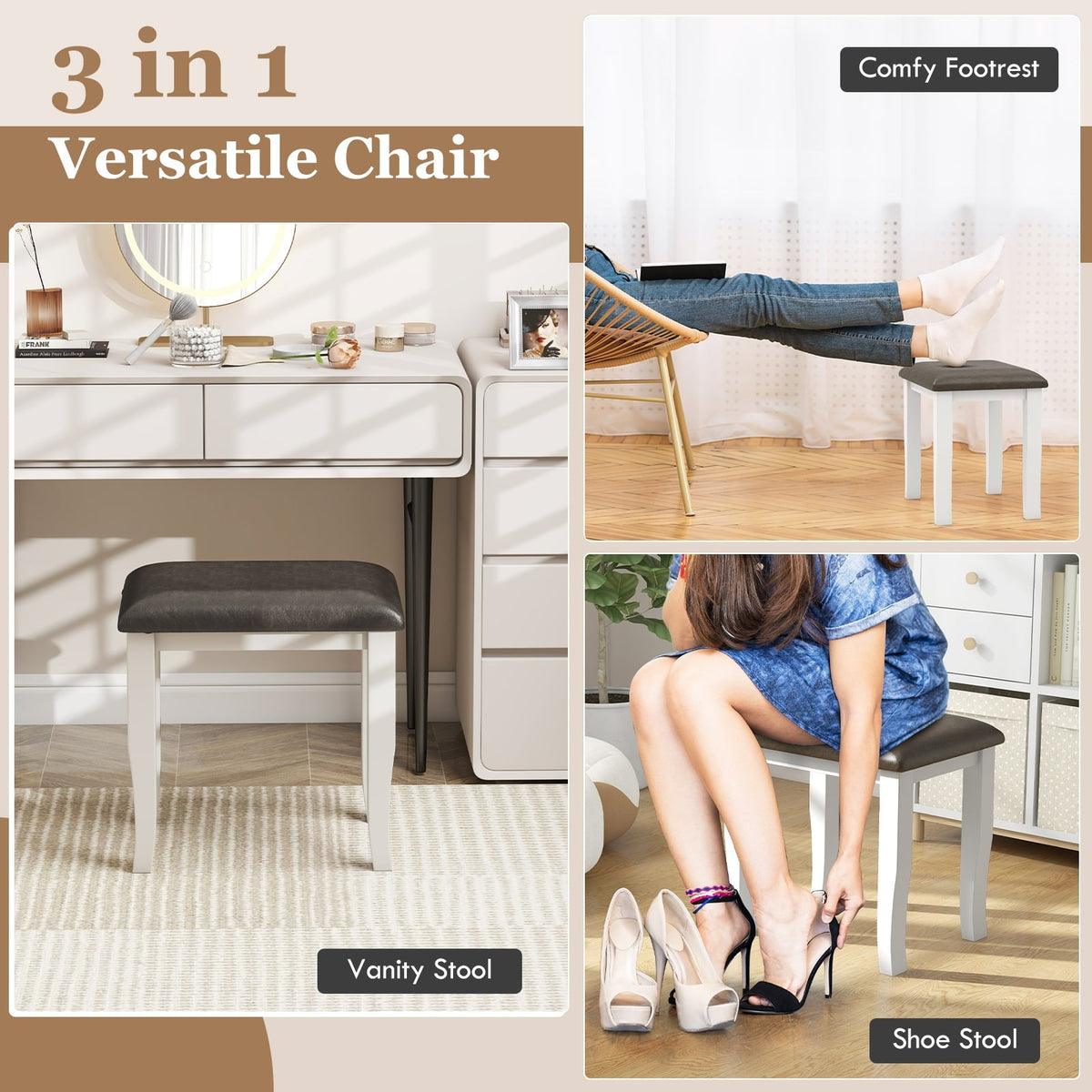 Faux Leather Vanity Stool Chair Set of 2 for Makeup Room and Living Room-Gray and White-Ottomans-DECOROLALA