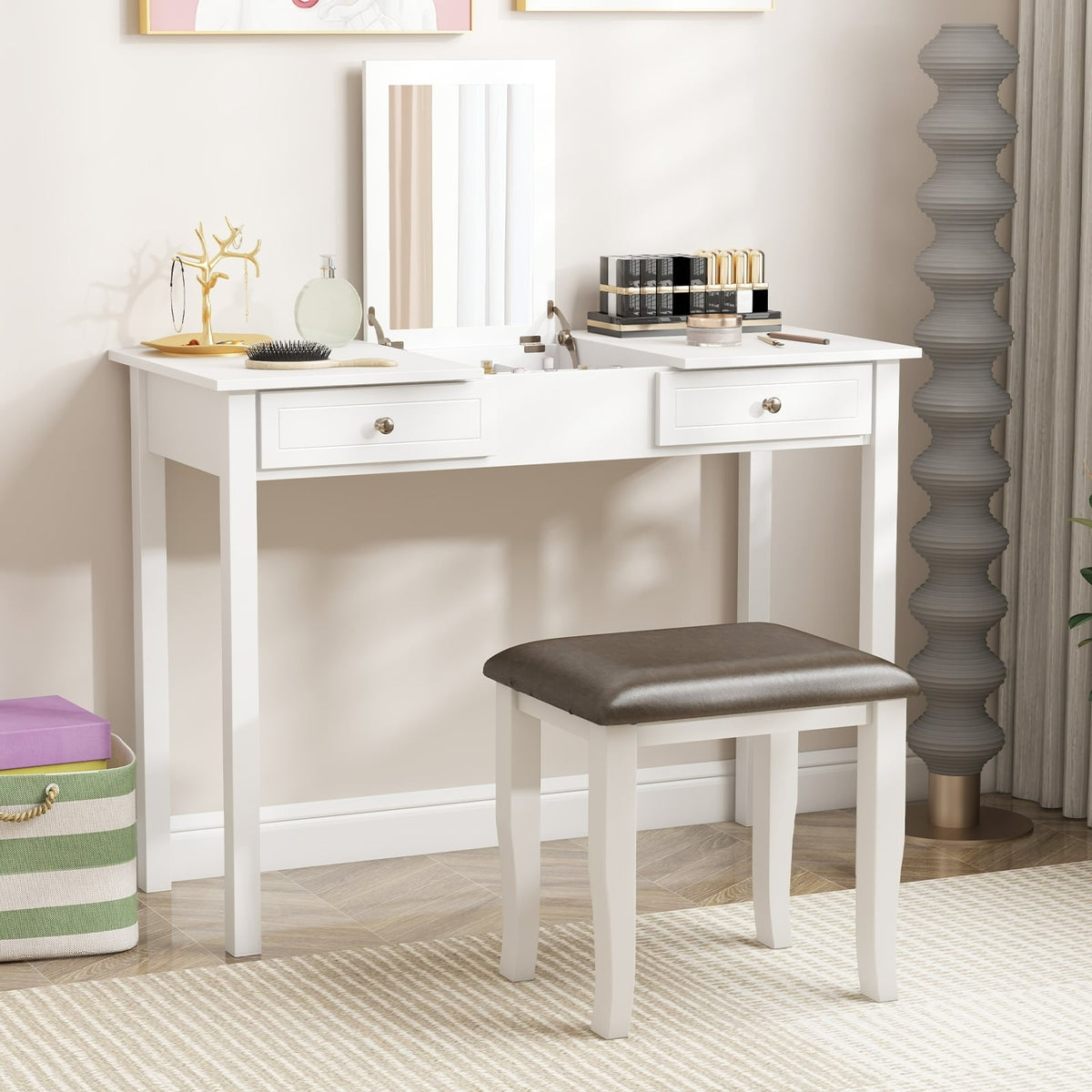 Faux Leather Vanity Stool Chair Set of 2 for Makeup Room and Living Room-Gray and White-Ottomans-DECOROLALA