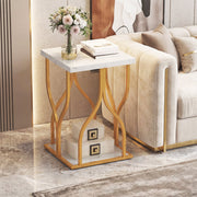 Faux Marble Bedside Night Stand with Petal-Inspired Metal Frame-White-Nightstands-DECOROLALA