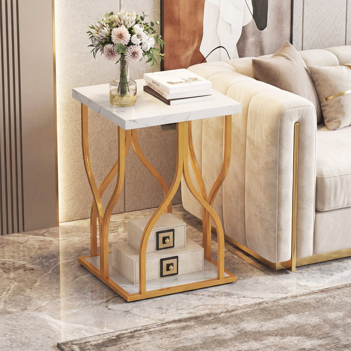 Faux Marble Bedside Night Stand with Petal-Inspired Metal Frame-White-Nightstands-DECOROLALA