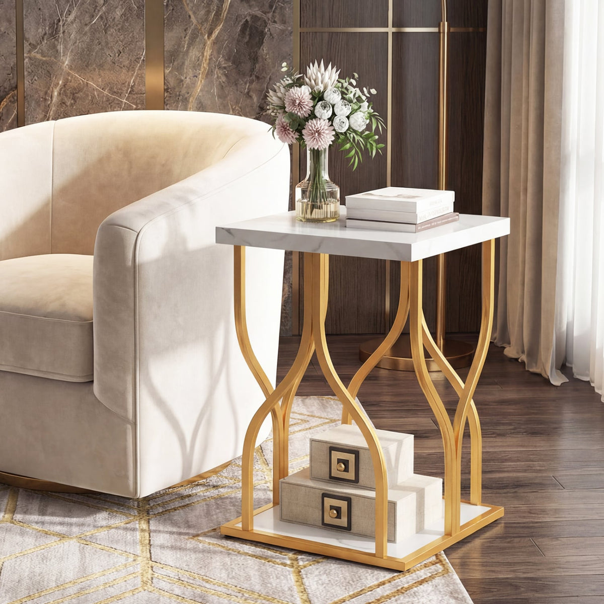 Faux Marble Bedside Night Stand with Petal-Inspired Metal Frame-White-Nightstands-DECOROLALA
