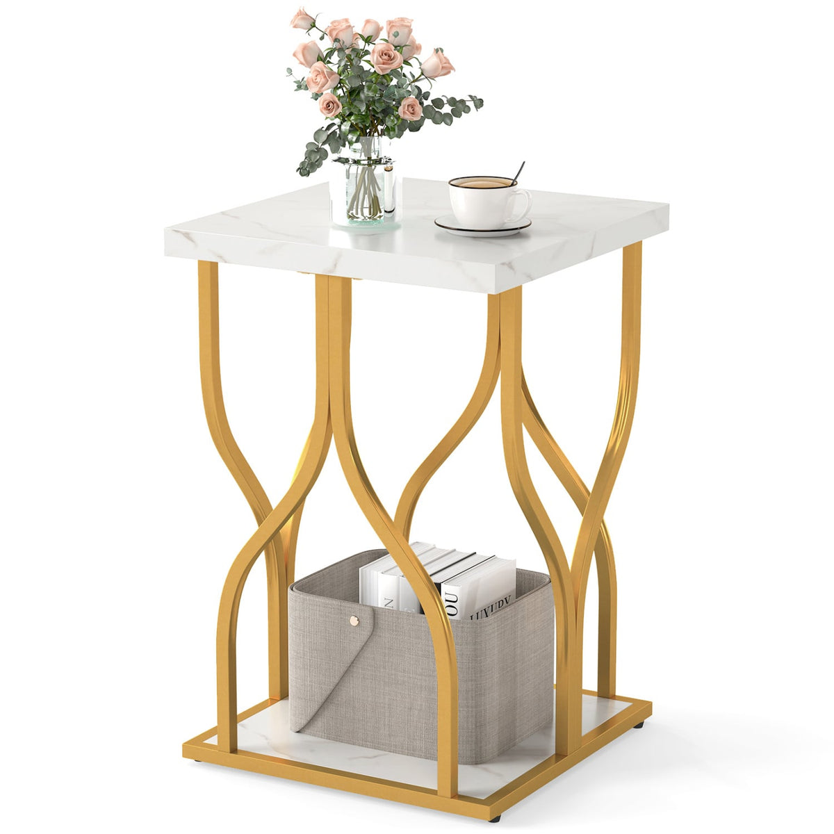 Faux Marble Bedside Night Stand with Petal-Inspired Metal Frame-White-Nightstands-DECOROLALA