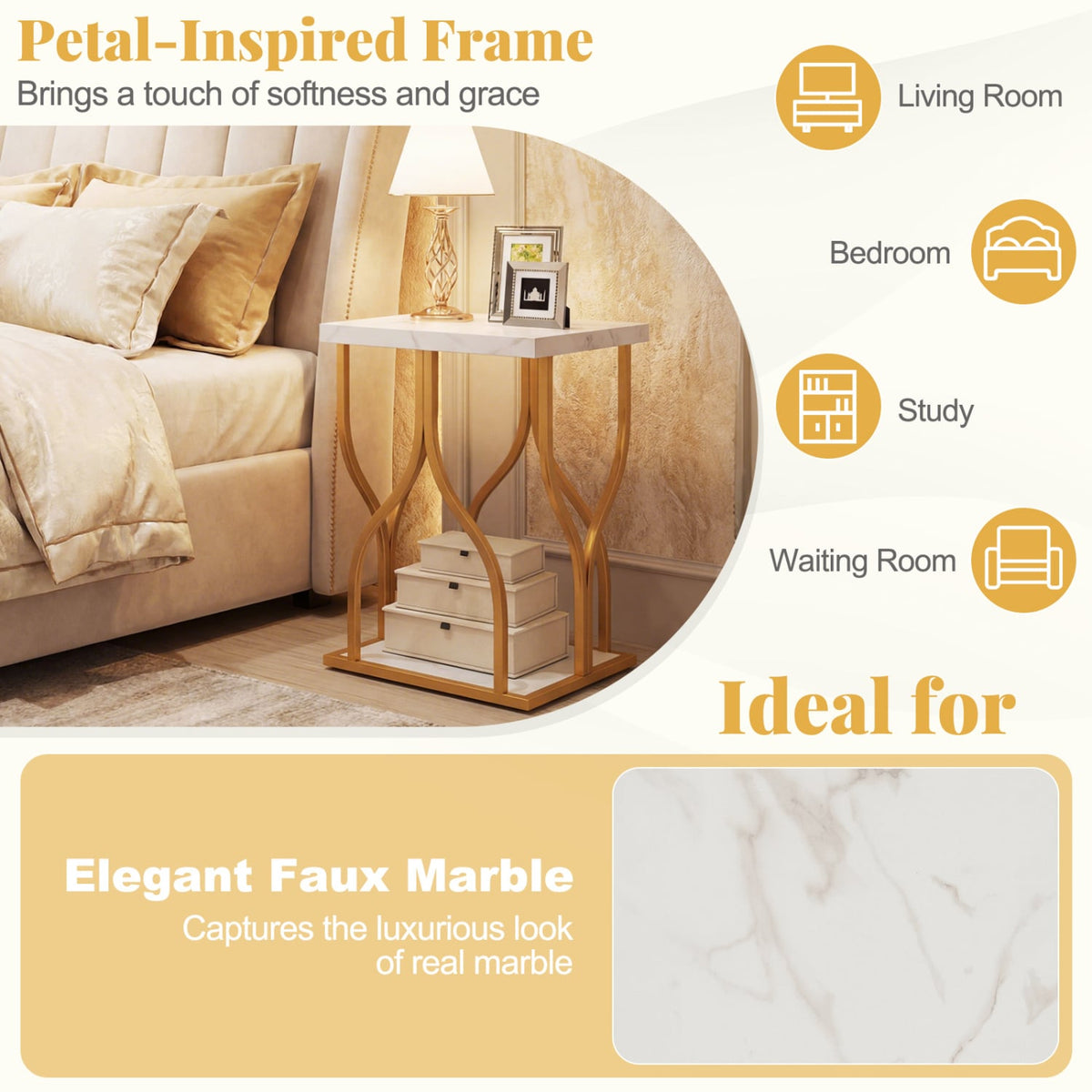 Faux Marble Bedside Night Stand with Petal-Inspired Metal Frame-White-Nightstands-DECOROLALA