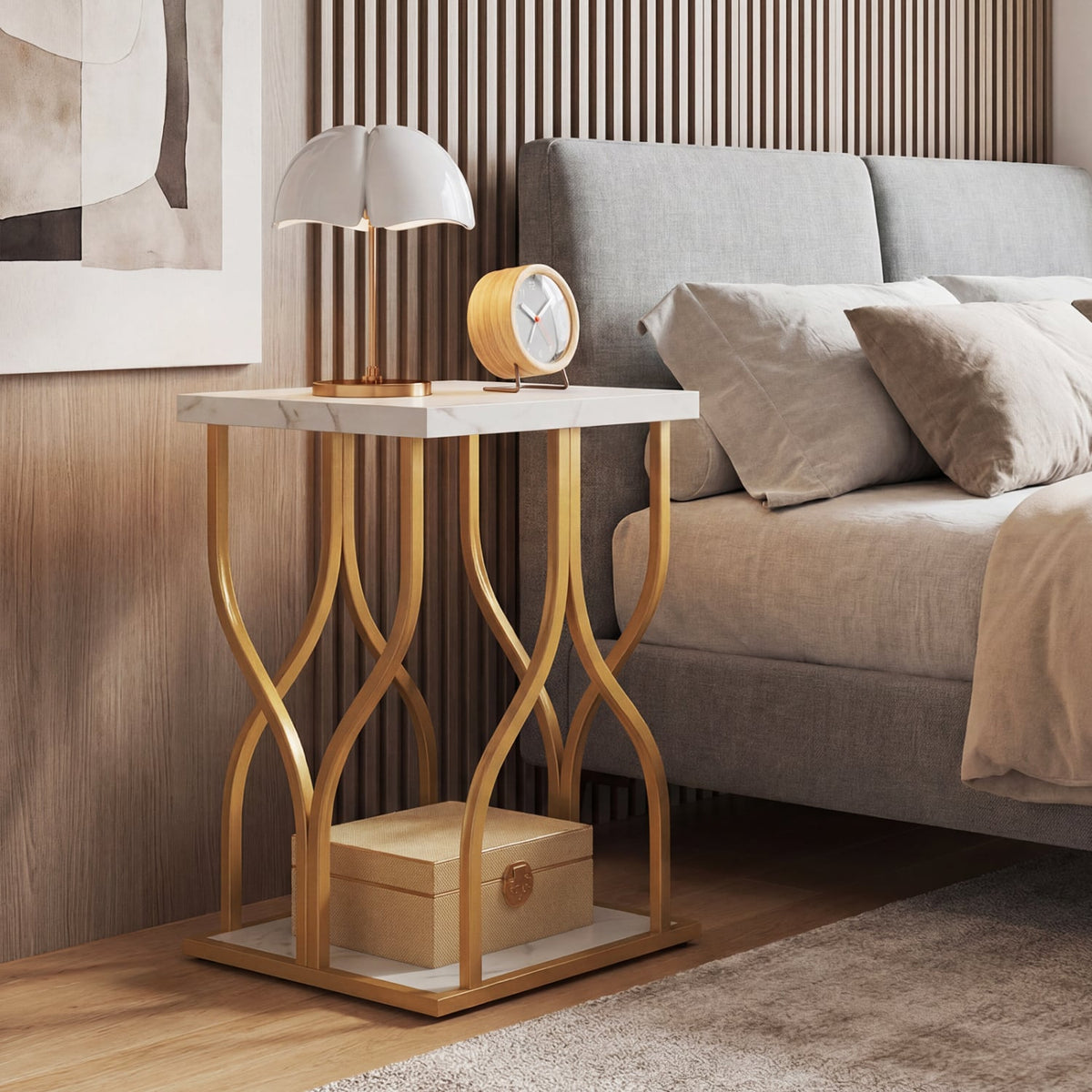 Faux Marble Bedside Night Stand with Petal-Inspired Metal Frame-White-Nightstands-DECOROLALA