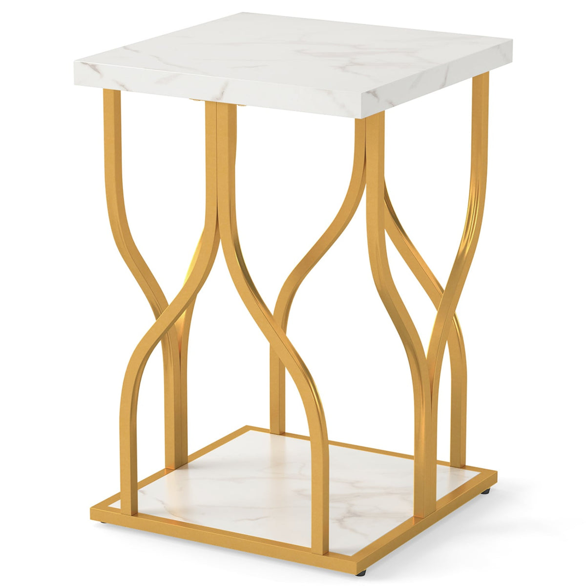 Faux Marble Bedside Night Stand with Petal-Inspired Metal Frame-White-Nightstands-DECOROLALA