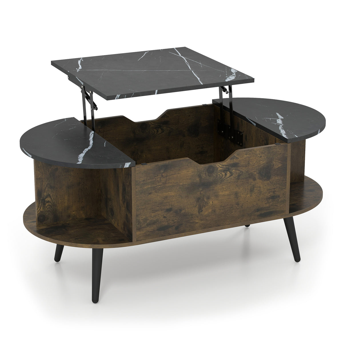 Faux Marble Lift Top Coffee Table with Hidden Compartment and Shelves-Black-Coffee Tables-DECOROLALA