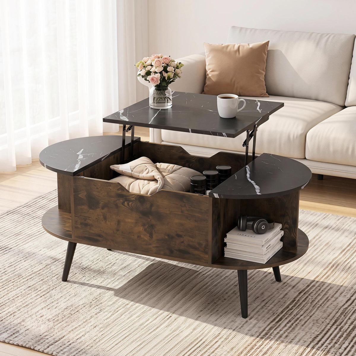 Faux Marble Lift Top Coffee Table with Hidden Compartment and Shelves-Black-Coffee Tables-DECOROLALA