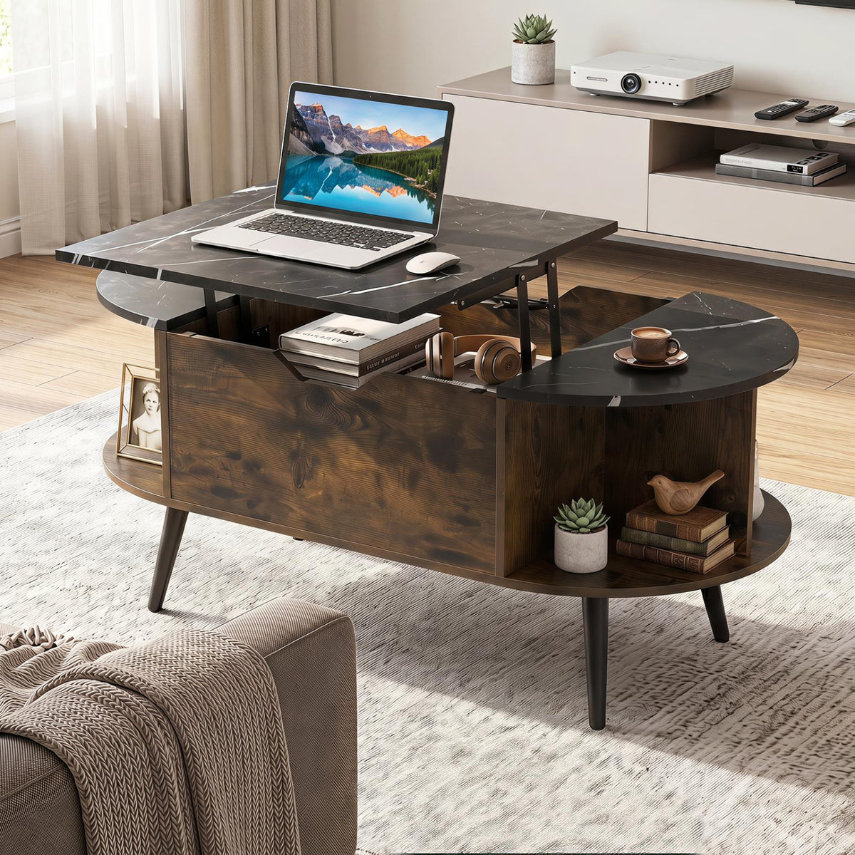 Faux Marble Lift Top Coffee Table with Hidden Compartment and Shelves-Black-Coffee Tables-DECOROLALA