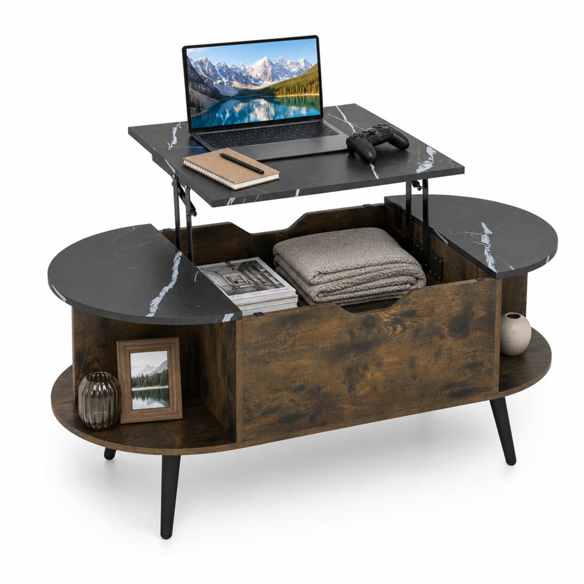 Faux Marble Lift Top Coffee Table with Hidden Compartment and Shelves-Black-Coffee Tables-DECOROLALA