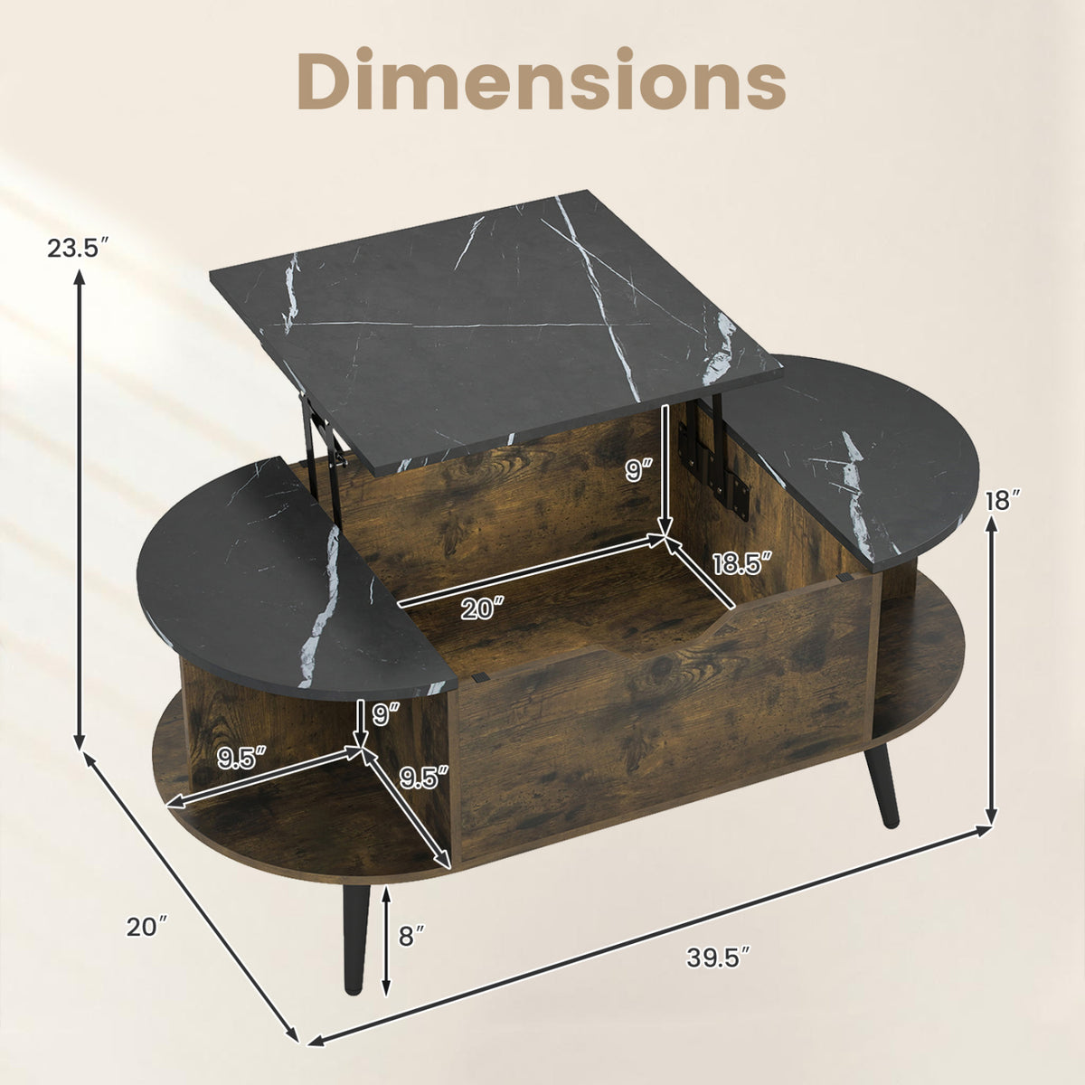 Faux Marble Lift Top Coffee Table with Hidden Compartment and Shelves-Black-Coffee Tables-DECOROLALA