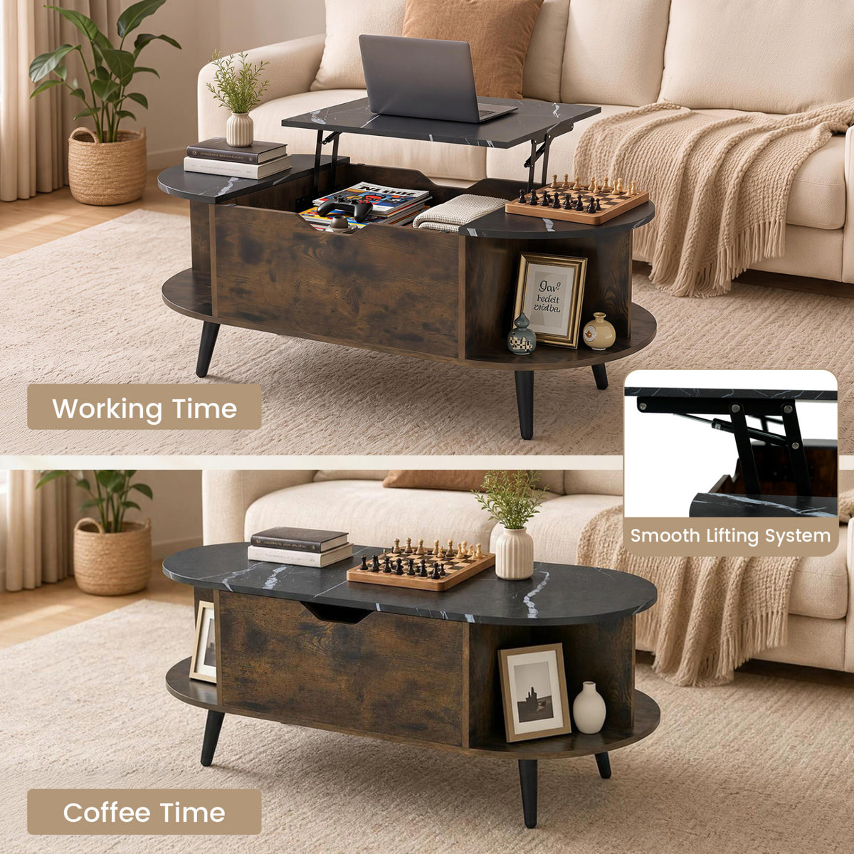 Faux Marble Lift Top Coffee Table with Hidden Compartment and Shelves-Black-Coffee Tables-DECOROLALA