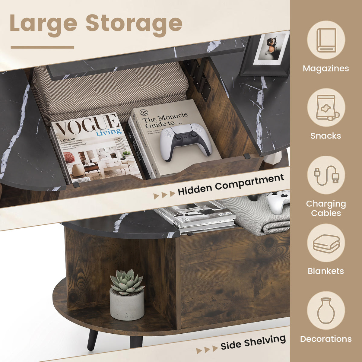 Faux Marble Lift Top Coffee Table with Hidden Compartment and Shelves-Black-Coffee Tables-DECOROLALA