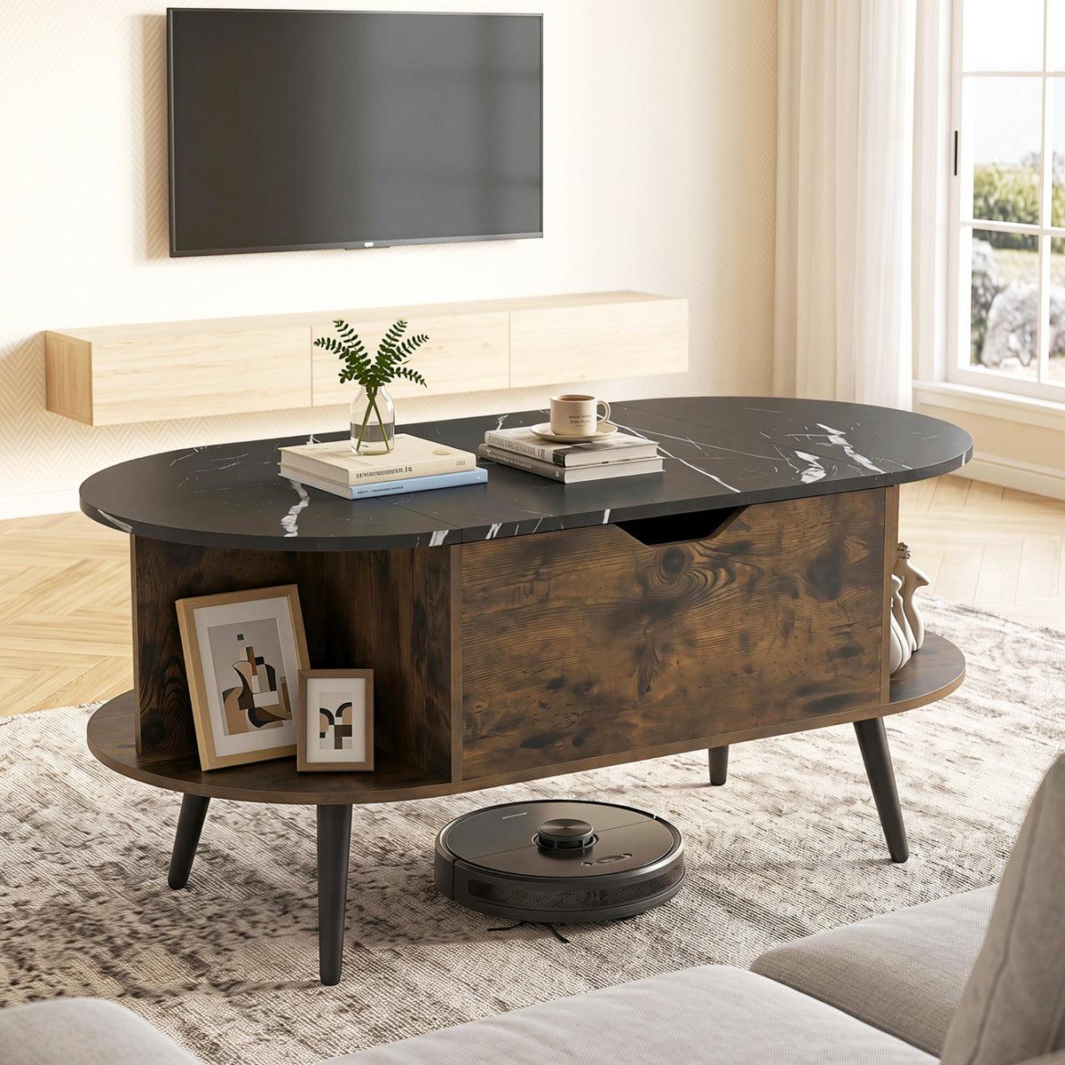 Faux Marble Lift Top Coffee Table with Hidden Compartment and Shelves-Black-Coffee Tables-DECOROLALA