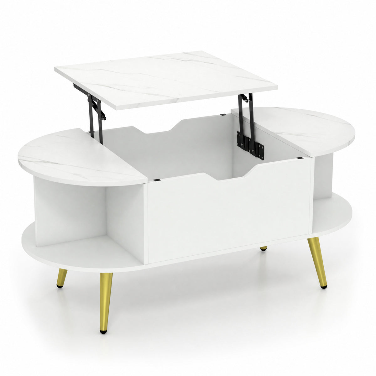 Faux Marble Lift Top Coffee Table with Hidden Compartment and Shelves-White-Coffee Tables-DECOROLALA