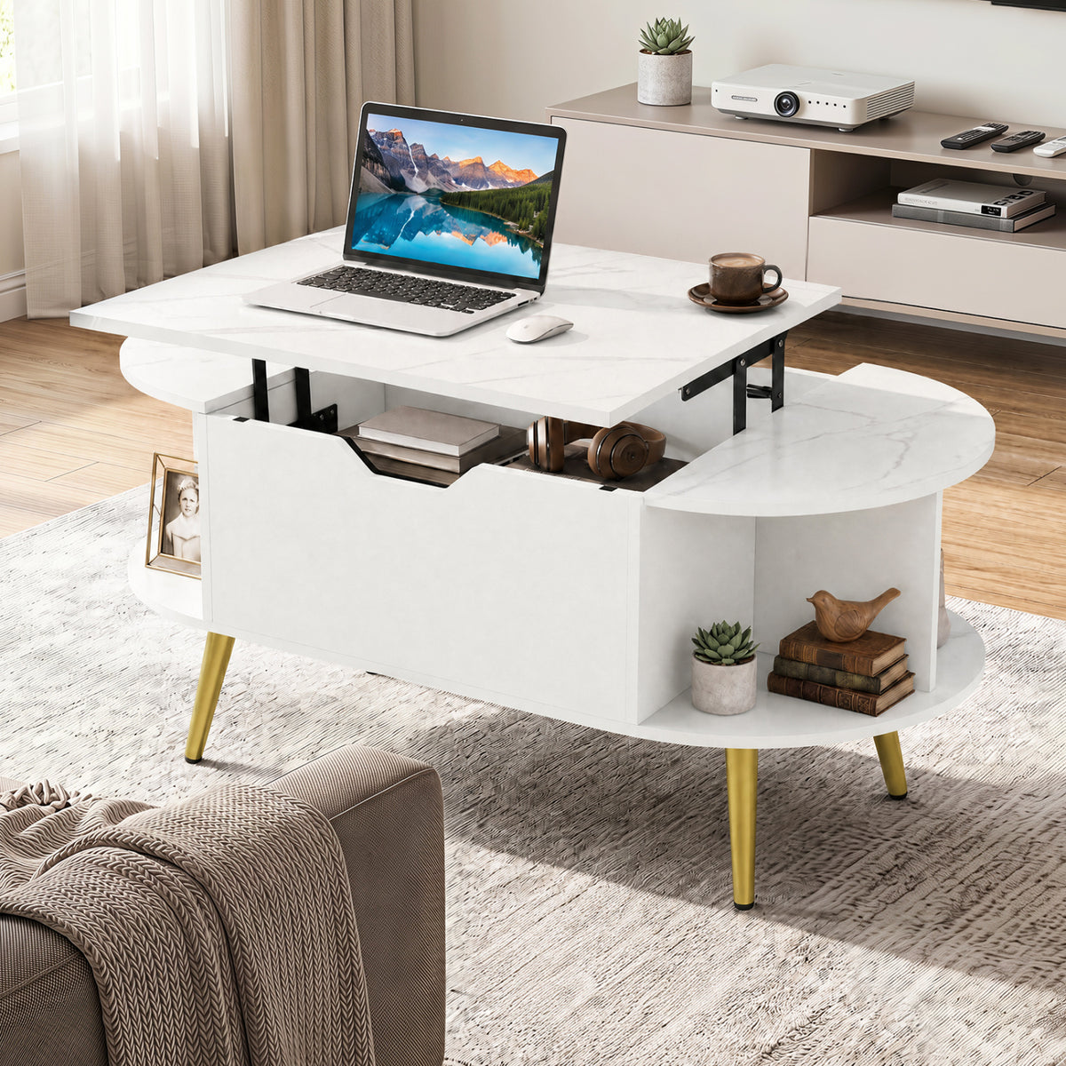 Faux Marble Lift Top Coffee Table with Hidden Compartment and Shelves-White-Coffee Tables-DECOROLALA