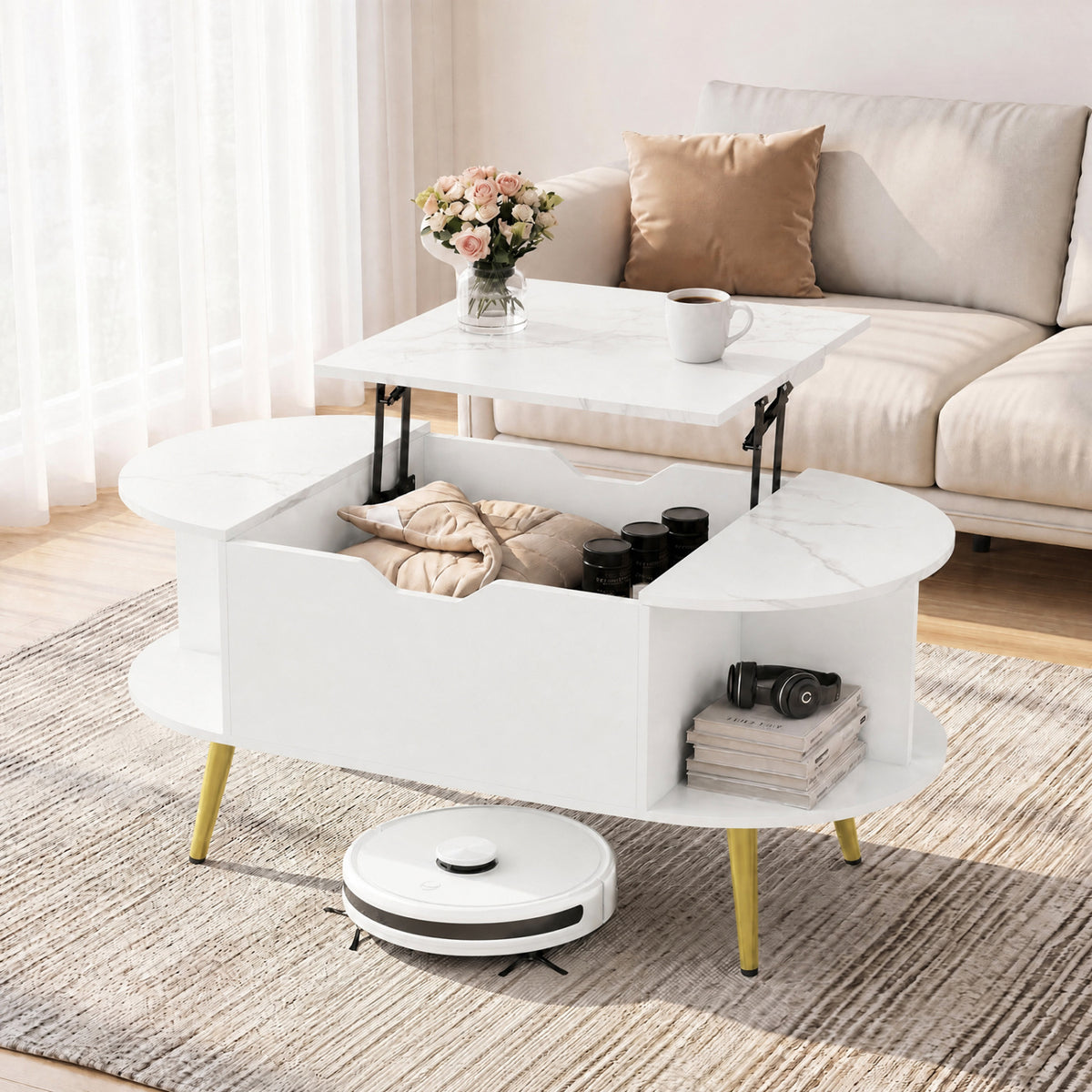 Faux Marble Lift Top Coffee Table with Hidden Compartment and Shelves-White-Coffee Tables-DECOROLALA