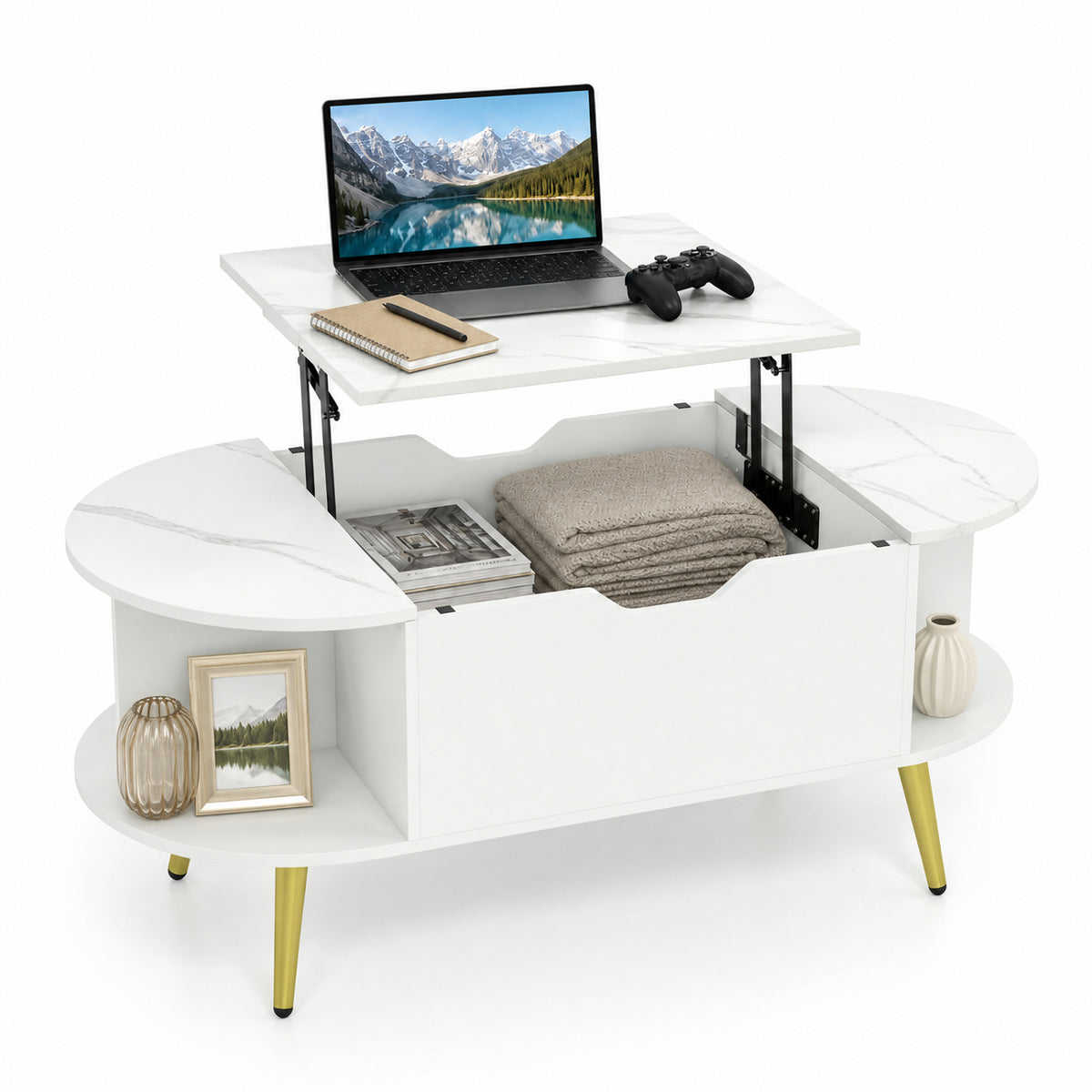 Faux Marble Lift Top Coffee Table with Hidden Compartment and Shelves-White-Coffee Tables-DECOROLALA