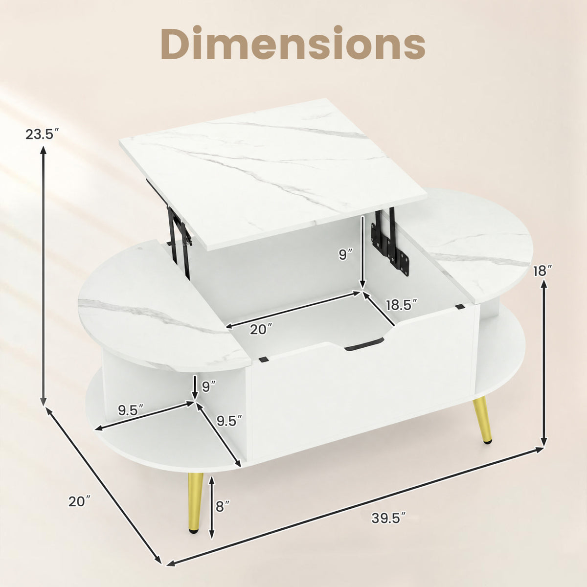 Faux Marble Lift Top Coffee Table with Hidden Compartment and Shelves-White-Coffee Tables-DECOROLALA