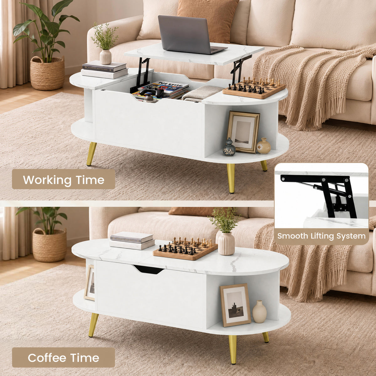 Faux Marble Lift Top Coffee Table with Hidden Compartment and Shelves-White-Coffee Tables-DECOROLALA