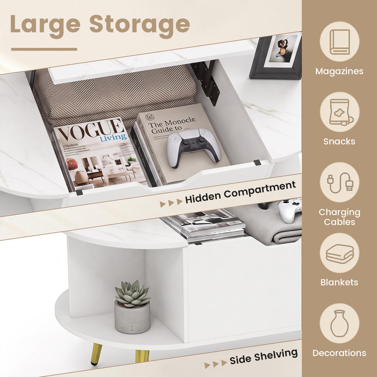 Faux Marble Lift Top Coffee Table with Hidden Compartment and Shelves-White-Coffee Tables-DECOROLALA